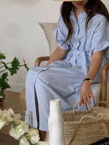 Vestido mediano y largo de mujer Vestido camisero de rayas vintage de verano para mujer, estilo suelto y largo medio, con cinturón para ceñir la cintura y efecto adelgazante - Azul - Ver 8