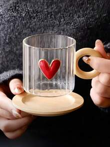 一套杯碟，创意奢华心形玻璃咖啡杯，高端精致心形早餐杯，办公水杯，配有高档木柄杯和圆形木碟，适用于餐厅、咖啡馆、办公室、甜品店、礼品 - 彩色 - 查看 7