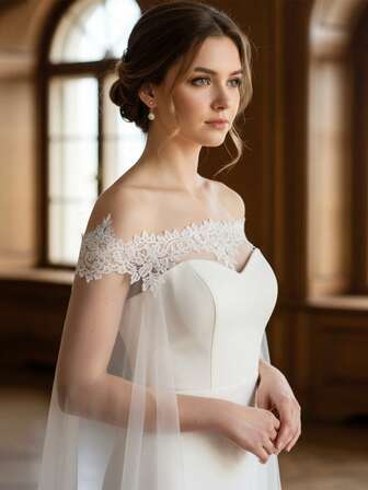 1pc Elegant Lace Trim Off-Shoulder Long Bridal Cape, 3 Meters Long Luxury Cathedral Wedding Dress Accessory, Party/Formal Event/Performance Cloak