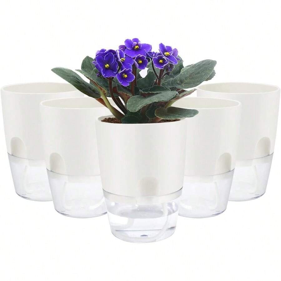 ShineMe Self Watering Pots 5 Pack Self Watering Planters for Indoor Plants 4.1 inch Plastic Plant and Flower Pots for African Violets Herbs Aloe Peace Lily with Absorbent Cotton Rope - Blanco - Ver 1