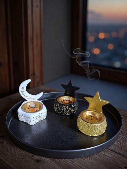 1pc Islamic Gold And White Candlestick And Incense Burner - Multi Purpose Arabic Resin Eid Al Fitr And Temple Fragrance Diffuser, Moon And Star Design, Elegant Gold Islamic Home Decoration, Suitable For Ramadan Gift Ornament, Living Room, Prayer