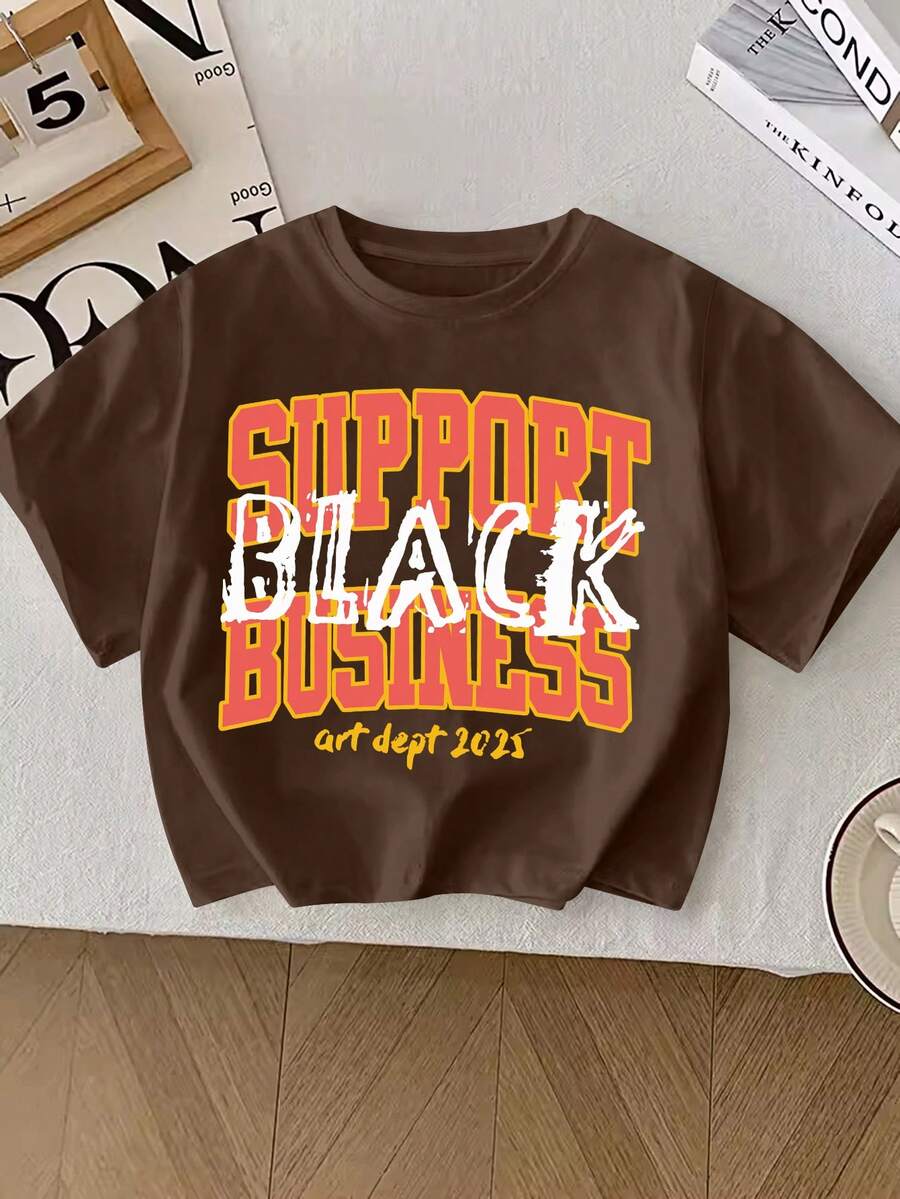 男童休闲黑色字母印花圆领T恤，夏季 - 咖啡棕 - 查看 1