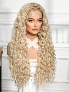 TOPSHE 金色渐变蕾丝前假发，13x3.5高清蕾丝深波浪假发，无需胶水，28英寸，耐热合成蕾丝假发，适合所有发质，适合各种场合和日常佩戴。佩戴方便，是送给女孩的完美节日礼物。 - 漸變金色 - 查看 5