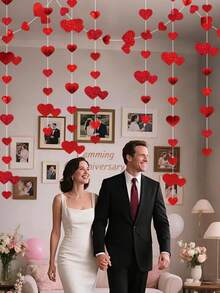 1个情人节红色爱心花环，闪亮爱心丝带，璀璨夺目，适合婚礼、订婚、情人节和生日派对装饰 - 彩色 - 查看 2