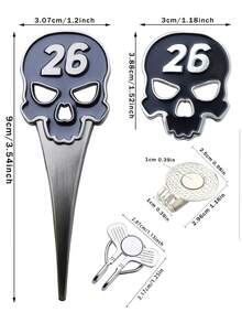 一合一高尔夫球位修补器 - 骷髅头设计 - 带帽夹的高尔夫球标记器套装 - 防水耐用的高尔夫球场配件 - 高尔夫球手的理想礼物 - 小巧便携，适合户外使用 - 高尔夫球场维护工具、高尔夫球维修工具、高尔夫球包配件、高尔夫球维修、完美的高尔夫礼品套装