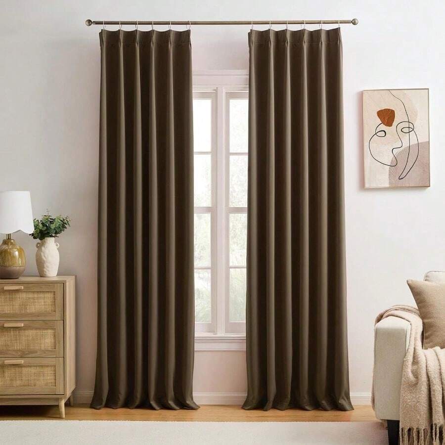 Brown Blackout Curtains 96 Inches Long,Soft Polyester Faux Silk Floor Length Pinch Pleats Panels Drapery For Bedroom, Living Room, Office, Hotel, 40" W X 96" L, Set Of 2, Dark Chocolate - Brown + 40"W X 96"L (Pack Of 2) - View 1