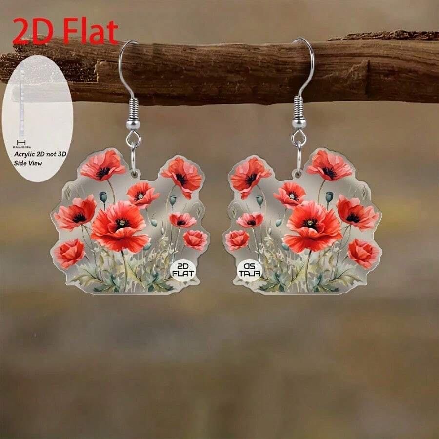 2D flat, 2D flat red oil painting poppy pendant earrings, fashion jewelry, party gifts, festival gifts for family and friends, 2D flat, fashion accessory dressing, friendship gifts, oil painting style jewelry, poppy earrings, minimalist flat pendant, floral pattern design, fine floral craftsmanship, lightweight earrings, friend gift creativity, jewelry enthusiast - Multicolor - Ver 1