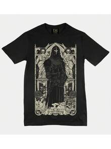 Men's Gothic Medieval Knight & Castle Print T-Shirt - 100% Cotton Beige & Black Knight Templar Design With Latin Inscriptions, All-Season Casual Tee For Renaissance Fairs, Medieval-Themed Events & Casual Attire, Machine Washable Knight On - 黑色 - 查看 7