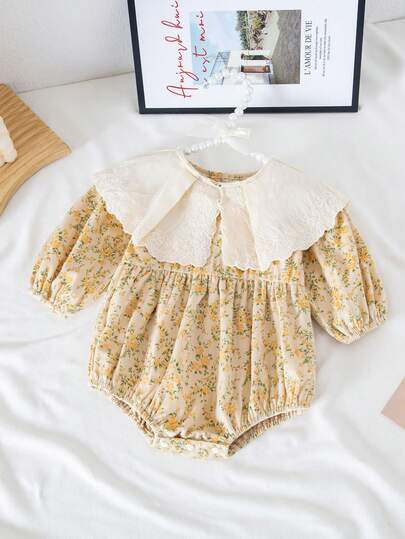 1pc Baby Girl Corduroy Floral Print Ruffled Collar Bodysuit, Cute & Elegant Outerwear For Spring/Autumn, Suitable For Party & Outing