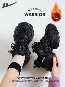 WARRIOR 女式舒适街头风厚底鞋，秋冬季舒适跑步鞋，简约休闲又不失时尚感，四季皆宜，耐磨耐穿，适合全天穿着的训练鞋，保暖内衬运动鞋。 - 黑色 - 查看 9