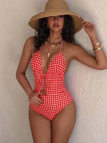 PEPPERMOLLY 2026 Spring/Summer New Vintage Red Plaid Lace-Up One-Piece Swimsuit - Ruched Bust Design, Sexy Fitted, Suitable For Beach And Pool Wear - Red - View 6