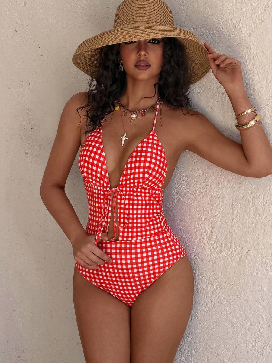 PEPPERMOLLY 2026 Spring/Summer New Vintage Red Plaid Lace-Up One-Piece Swimsuit - Ruched Bust Design, Sexy Fitted, Suitable For Beach And Pool Wear - Red - View 1