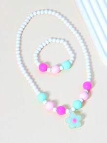 2pcs/Set Girls Cute Butterfly Flower Heart Pearl Beaded Bracelet Necklace Jewelry Set, Suitable For Girls Daily Wear And Gifting To Friends