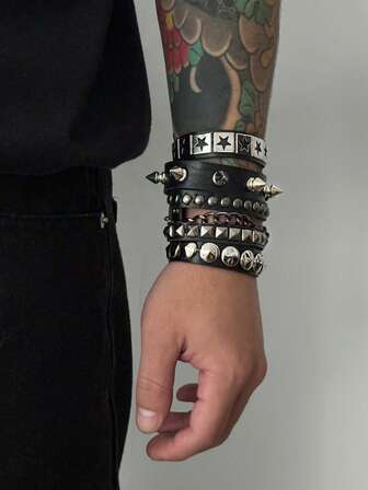 1 Set Men's Punk Rock Studded Bracelet Set, Spiked Leather Bracelet, Star Studded Bracelet, 80s Emo Style, Faux Leather, Gothic Fashion Halloween Jewelry Bracelet Accessories, Unisex