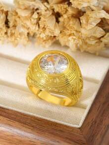 Vintage Copper Ring With Customized Design, Luxury Jewelry With Encrusted White Zirconia Stones, Ideal For Proposal, Engagement, Thanksgiving, Christmas Gifts, Father's Day, Anniversary - Gold - View 7