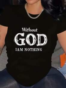 Camiseta Gráfica de Talla Grande para Mujer - "SIN DIOS NO SOY NADA" Estampado en Letras Atrevidas, Negra con Texto Blanco, Cuello Redondo Casual, Lavable a Máquina Moda Primavera Verano Otoño, Camisetas para Damas - Oscuro - Ver 2
