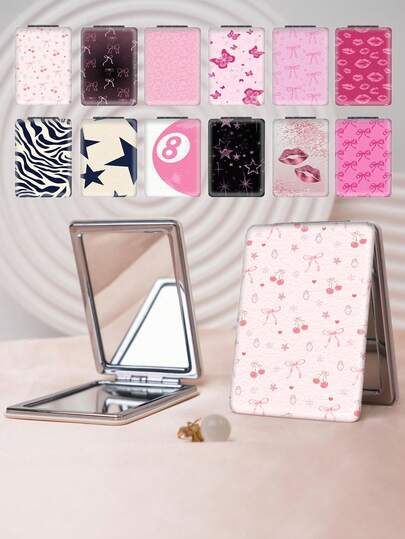 Espelho De Maquilhagem Portátil Da Série Beloved, Estilo Y2K (1 Peça), Dobrável, Leve, Ultrafino E Prático, Em Pu Durável, Ideal Para Diversas Ocasiões, Espelho De Bolso Quadrado Dobrável Com Design Exclusivo De Elementos Y2K, Como Laço De Cereja, Estampa De Lábios, Borboleta, Pentagrama E Estampa De Leopardo, Estrutura Dobrável Delicada, Resistente Ao Desgaste E Confiável, Fácil De Transportar