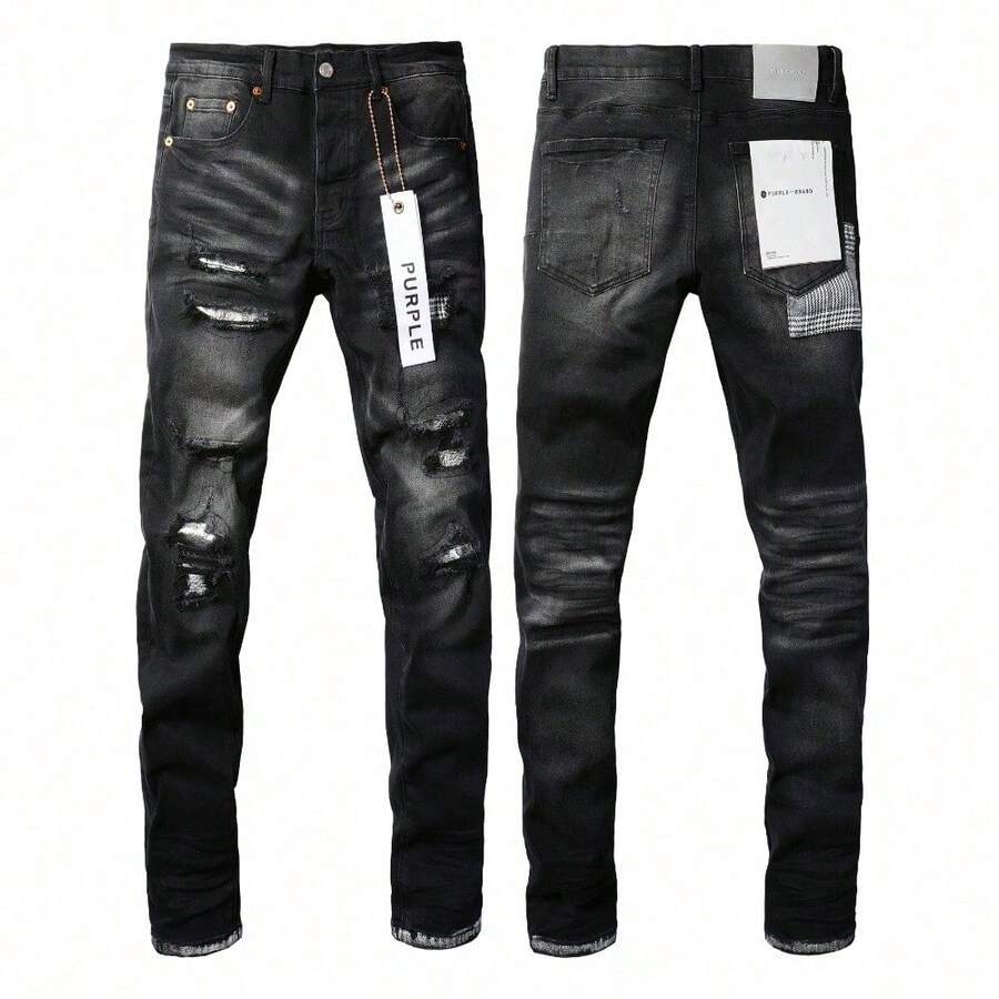 Men Jeans 2026 Slim Fit American Retro Checkered Purple Black Y2K Classic Style Skinny Pants For Men Fashionable And Comfortable - 黑色 - 查看 1