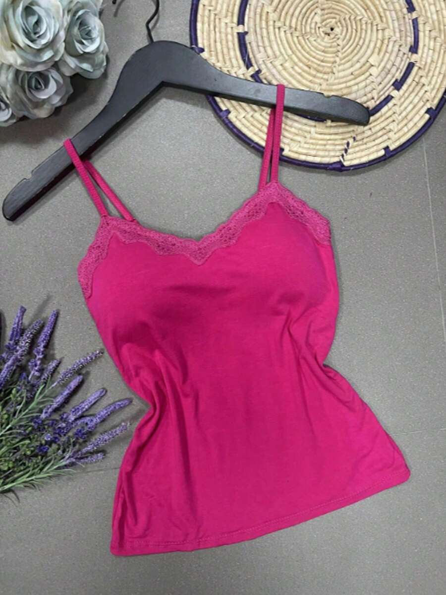 Plain Viscose/Lycra Fabric Tank Top With Pretty Built-In Bra Cups. - 玫紅 - 查看 1