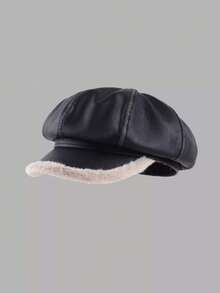 1pc Leather & Wool Retro Street Style Solid Beret Hat, Unisex News Boy Cap, Warm Headwear Accessory, Casual Street Outfit, Fast Delivery - Style 1 - View 5