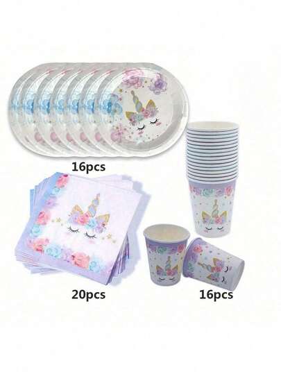 A Set Of Unicorn Party-Themed Birthday Party Tableware, Including Paper Cups, Tissues, Banners, Tablecloths And Decorations