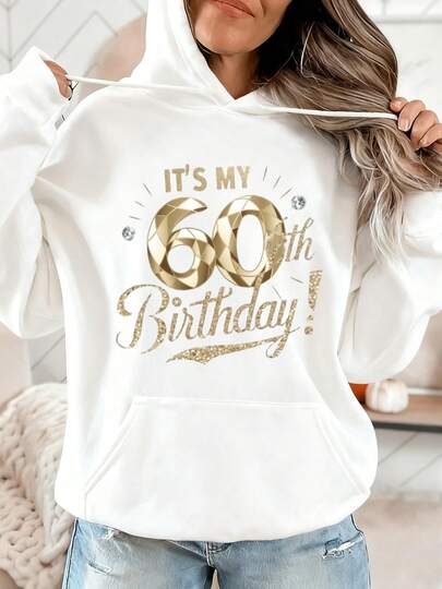 60th Birthday Printed Women's Hooded Sweatshirt, Casual Minimalism, Hooded Long Sleeve Sweatshirt, Women's Hooded Sweatshirt