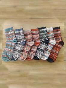 1 双复古图案女士羊毛混纺中筒袜，舒适保暖，用途广泛，适合远足、小屋度假、节日、情人节礼物、上学、日常穿着，四季皆宜（颜色随机） - 彩色 - 查看 12