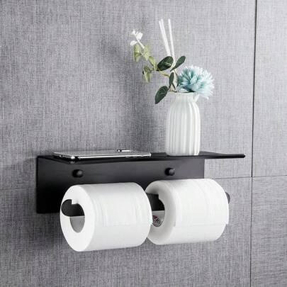 Toilet Paper Holder With Shelf, Wall Mounted Storage, Double Roll Tissue Dispenser For Bathroom, Black