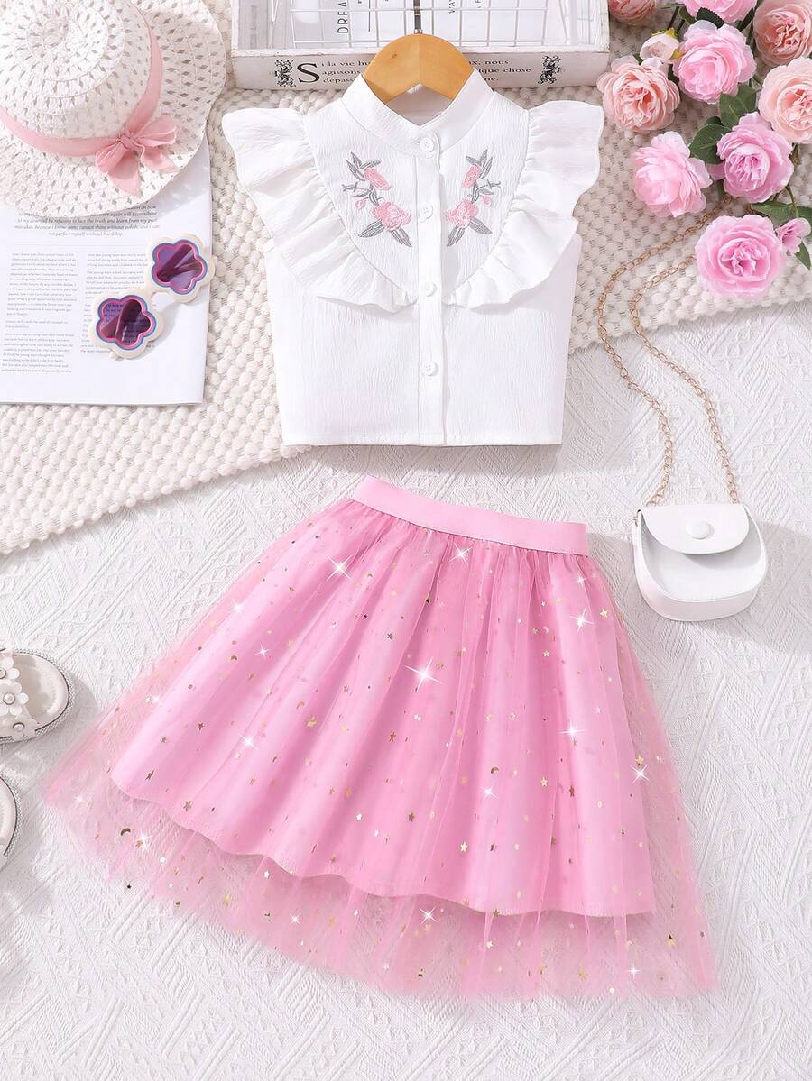 Bộ 2 món cho bé gái: Áo cardigan tay bồng màu trắng cài cúc thêu hoa và chân váy lưới lấp lánh màu hồng, trang phục thường ngày kiểu công chúa ngọt ngào. - trắng - Xem 1