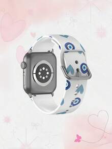 1pc Soft Elastic Breathable Blue Heart Eyes Pattern Watch Band, Replacement Strap For Apple Watch 38mm 40mm 41mm 45mm 44mm 42mm 49mm, Fashionable Casual Multi-Color Silicone Watch Band Compatible With Apple Watch Ultra Series, S10/SE/9/8/7/6/5/4/3/2/1 Smartwatch - Multicolor - View 2