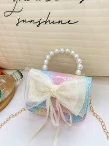 1pc Girls' Bowknot Magnetic Closure Fashion Pearl Handbag Shoulder Bag, Suitable For Daily Use All Seasons - A - View 15