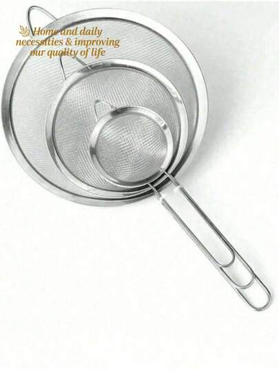 1件/3件套（小号-大号）不锈钢细网带手柄滤网 - 厨房筛分过滤套装，细网厨房滤网，必备厨房工具及配件，居家厨师必备，节省空间的厨房收纳神器，创意厨房礼品