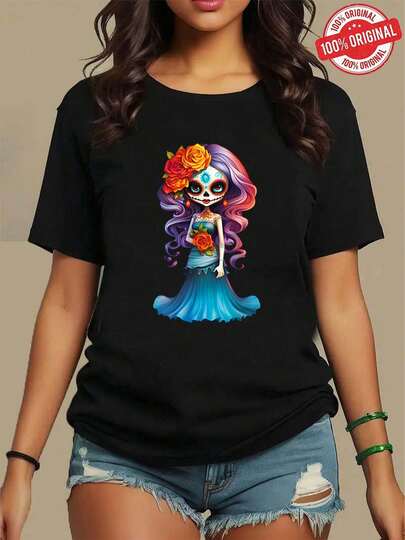 One piece,blusas de mujer blusas bonitas para mujeres ropa de mujer conjuntos para mujer,almacen local,Catrina con flores 180g negra y blanca,T shirt con estampado de calavera de azúcar,algodón impresión alta calidad,cuello redondo,corte básico holgado,hombres y mujeres,transpirable,versátil,lavable a máquina,cómoda,talla S ~ 2XL,diario,casual,deportes,imprescindible verano