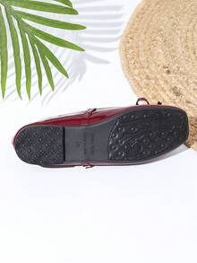 新款玛丽珍鞋，法式蝴蝶结装饰，红色荷叶边皮革平底鞋 - 酒紅色 - 查看 6