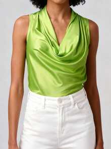 Women Satin Halter Tank Tops Fitted Solid Color Cowl Neck Sleeveless Shirts  Summer Streetwear - Xanh ngọc lục bảo - Xem 1