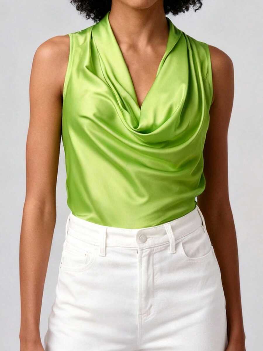 Women Satin Halter Tank Tops Fitted Solid Color Cowl Neck Sleeveless Shirts Summer Streetwear - Xanh ngọc lục bảo - Xem 1