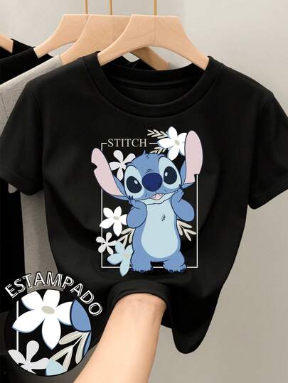  Camiseta para mujer de 100% algodón con cuello redondo y manga corta Estampada original de Disney Película Lilo y Stitch ideal para festividades del día del amor y el amigo Febrero Regalo ideal Primavera Verano Otoño Invierno Stitch tierno y esponjoso