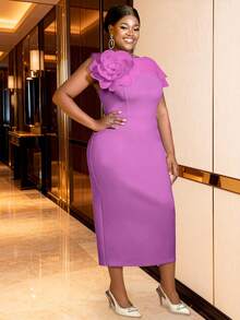 Plus Size Women's Purple Elegant 3D Floral Fitted Mid-Length Dress ...