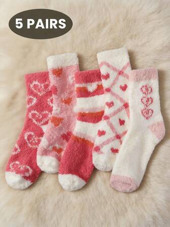 5双装女士心形图案中筒袜，舒适家居袜，秋冬季理想之选，女士短袜