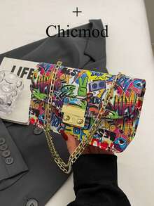 Fashionable & Cute Graffiti Print Chain Crossbody Bag, Shoulder Bag, Square Bag With Random Prints. Suitable For Shopping, Wallet, Young Women, University Students, Fresh Graduates, White Collar. Ideal For Office, University, Work, Business, Commuting, Outdoor Activities, Travel And Picnics. - Multicolor - View 2