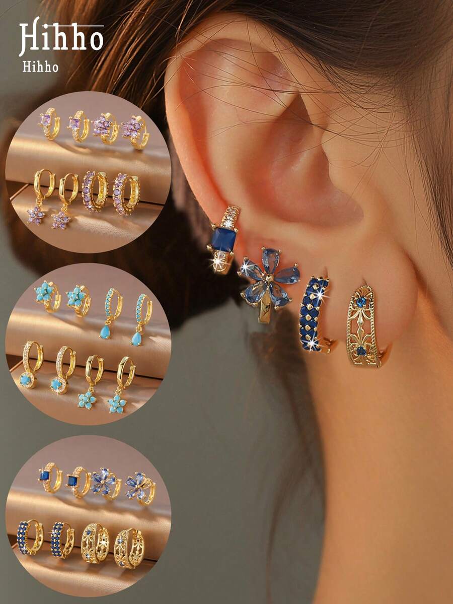 Hihho 8件套多色立方氧化锆花朵耳环套装，镀金蓝紫色/绿松石蓝/宝石蓝，时尚叠戴耳环，适合日常佩戴、派对、节日礼物 - 疊戴耳圈 - 查看 1