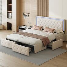Caluself PU Upholstered Bed 140/160x200 Cm, Double Bed And 4 Drawers, Bed Frame With Adjustable Headboard, Storage Beds, Youth Bed Frame, Bed With Slatted Base - Màu be - Xem 4