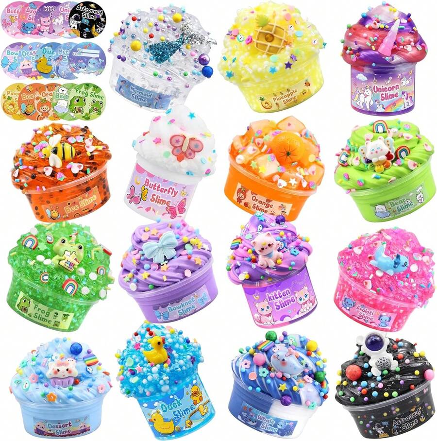 LAWOHO 15 Pack Slime Kit Valentine, Crunchy Slime Set With Various Charms And Add-Ins, Kids Butter Slime Party Favors & Stress Relief Toys Valentine Party Favors,Birthday,Party Gifts,Squeeze Toy - 甜點 - 查看 1