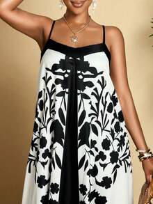 性感优雅印花女士吊带长裙，图案随机 - 杏色 - 查看 6