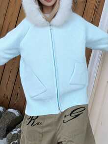 女士柔软休闲拉链针织开衫，带人造毛领连帽衫外套，秋冬季 - 天空藍 - 查看 3