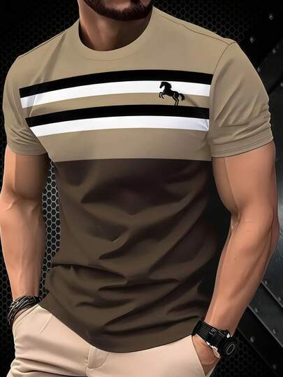 KOVSEE Men's Gradient Color Horse Print Short Sleeve T-Shirt, Outdoor Sports Casual Daily Running Basketball Football Breathable Quick-Dry Fitness Tee, Ideal Gift For Boyfriend