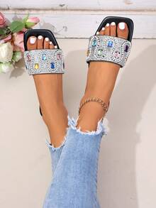 2026 Summer Black Base Rainbow Rhinestone Embellished Open Toe Slide Sandals, Square Toe Strap , Party Catching Flat Slippers - Black - View 6