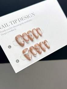 10 Pieces Of Purely Handmade Wearable Nail Tips, Short Almond-Shaped Nail Type With Press-On Fake Nails, Featuring A Fashionable And Minimalist Style, Nude Pink Glass Bead Cat-Eye Effect, Asymmetric Hand-Painted White Line French Manicure Design. These Are High-End Nail Art Fake Nail Tips Suitable For Daily Wear By Women And Girls, Coming With A Nail Set. Nail Supplies Handmade Press On Nails - Multicolor - View 2