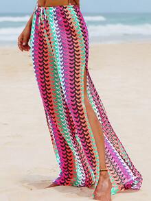 popvil Women Boho Drawstring High Slit Beach Pants For Summer Holiday Vacation Beach - Multicolor - View 1