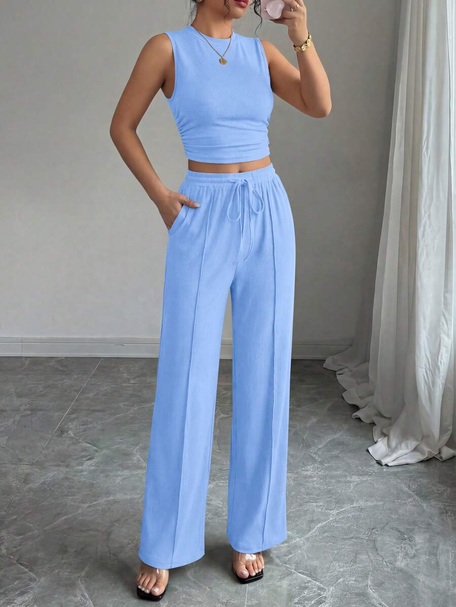 Women Summer 2 Piece Outfit Sleeveless Crop Top Elastic High Waist Wide Leg Pants Ribbed Knit Suit Matching Set For Casual Going Out Holiday Vacation Beach Outfits